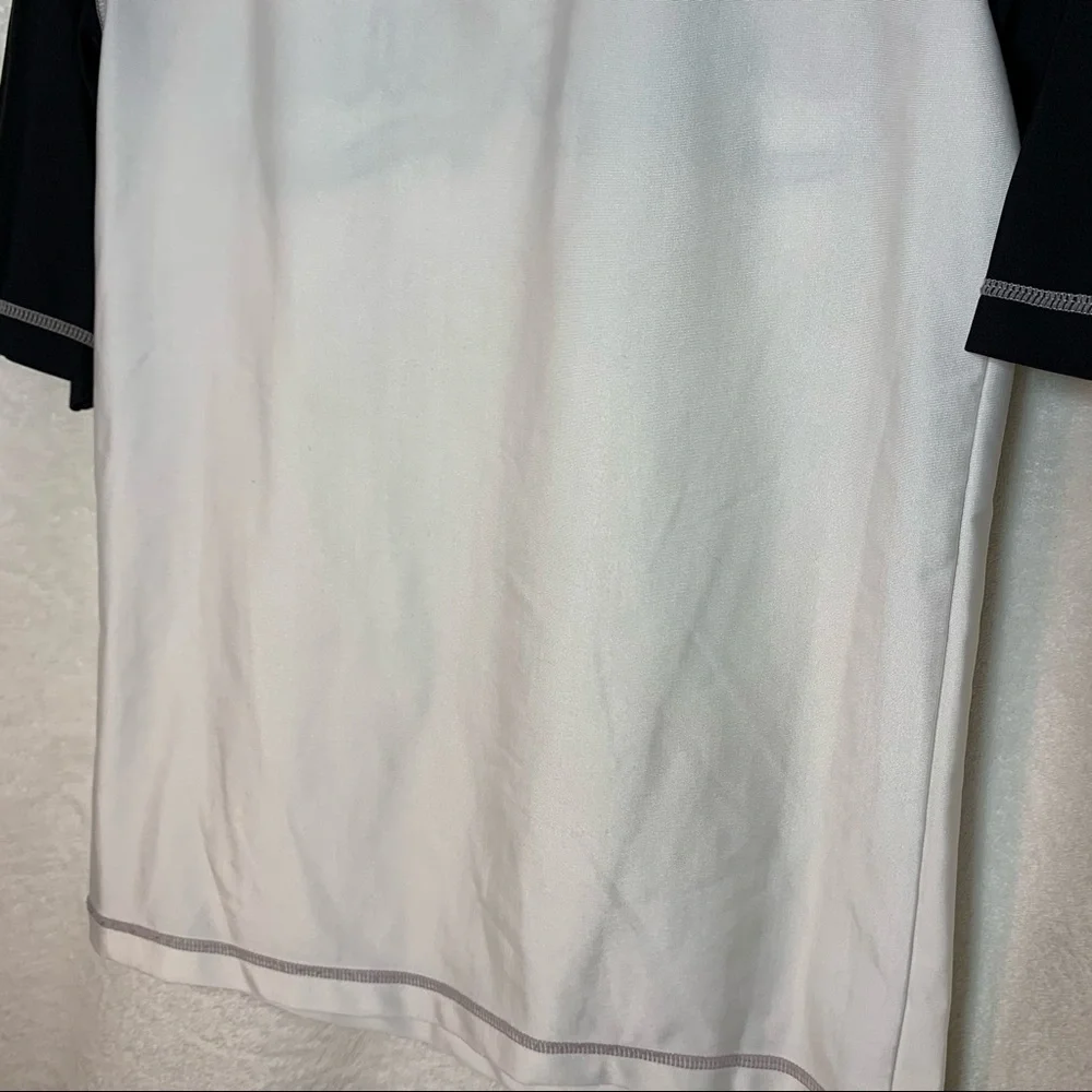 🐶 Old Navy White Tee with Black Raglan Sleeves and Blue Script Logo kid